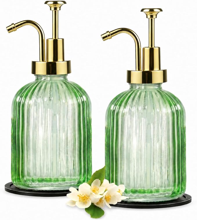 SheeChung 12oz Green Glass Liquid Soap Dispenser, 2 Pack | Elegant Hand Soap by SheeChung