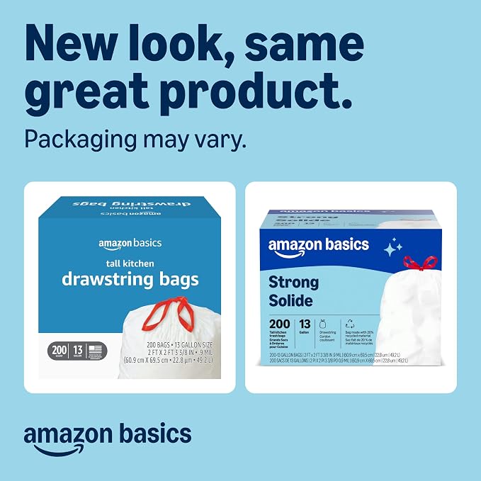 Amazon Basics Trash Bags, Tall Kitchen Drawstring, 13 Gallon, Packaging May Vary - Image 2