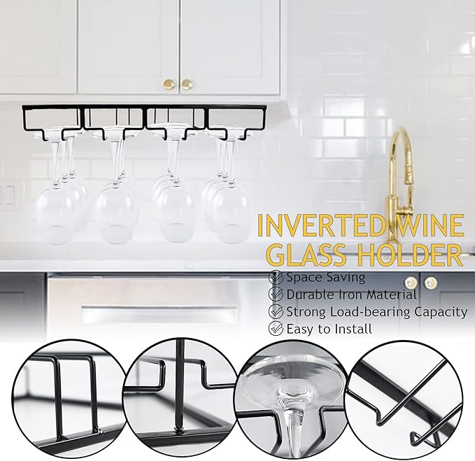 Wine Glass Rack, 2 Pack Under Cabinet Stemware Rack Wine Glass Holder, 3 Rows Black Metal Wine Glass Storage Hanger Under Shelf for Cabinet Kitchen BarWtiujhg Wine Glass Rack, 2 Pack Under Cabinet Stemware Rack Wine Glass Holder, 3 Rows Black Metal Win...