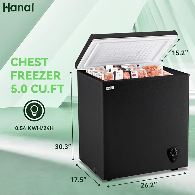 WANAI Chest Freezer 5.0 Cu.Ft Large Deep Freezers Freestanding Top Open 7 Temp Control Low Noise with Removable Basket for Dorm Apartment Home Kitchen
