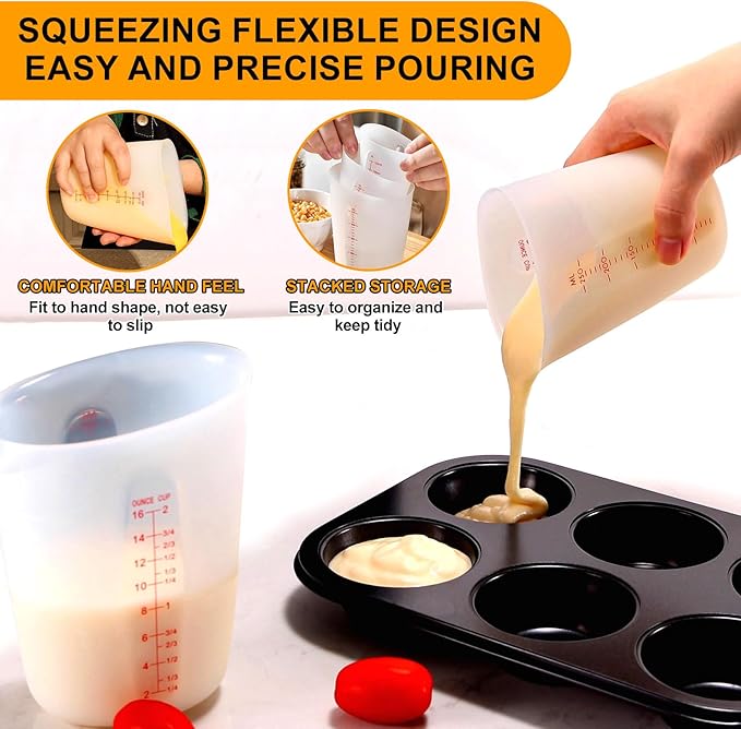 3 PCS Silicone Measuring Cups Flexible Chocolate Melting Cup for Epoxy Resin Butter Chocolate and More Squeeze and Pour Baking Cups with Marking Ounce/ML