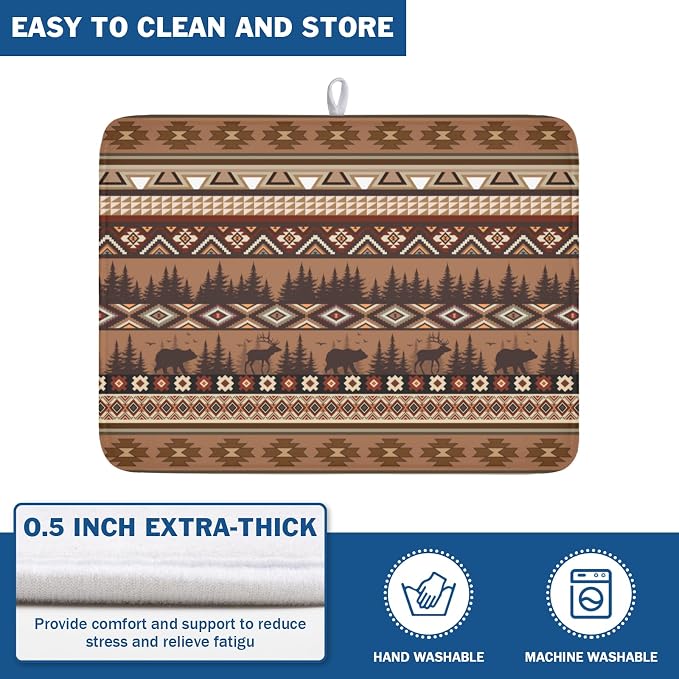 Giwawa Rustic Bear Deer Dish Drying Mat Boho Ethnic Drainer Rack Pad 18x24 Inch - Image 5