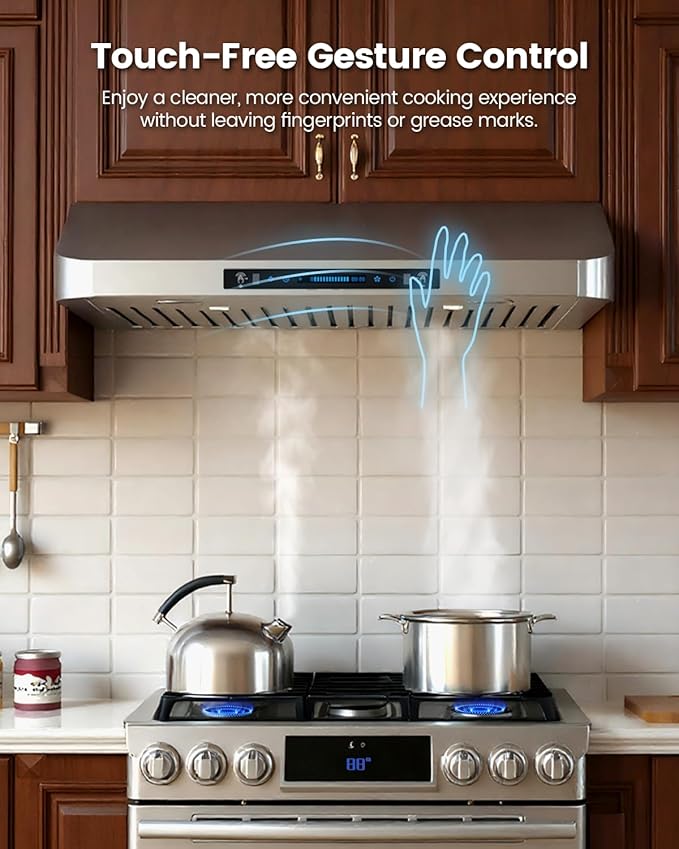 JOCO 36 Inch Under Cabinet Range Hood, 900 CFM Stainless Steel Kitchen Vent Hood, 4-Speed Gesture/Touch/Remote Control C01-36G