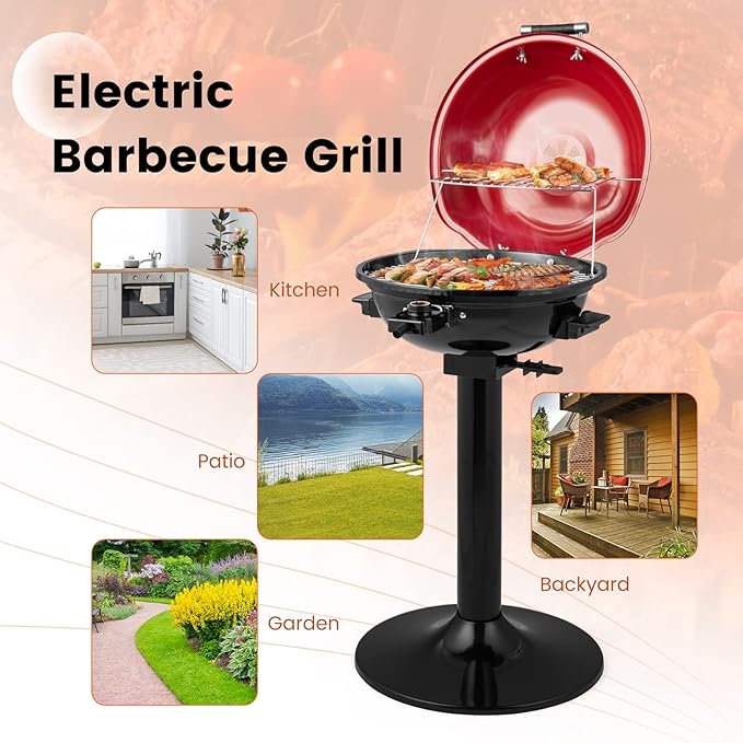 HAPPYGRILL 1600W Electric Grill Outdoor, Portable BBQ Grill with Warming Tray, Removable Non-Stick Grill Rack, Adjustable Temperature& Oil Drip Tray for Patio, Camping, Picnic