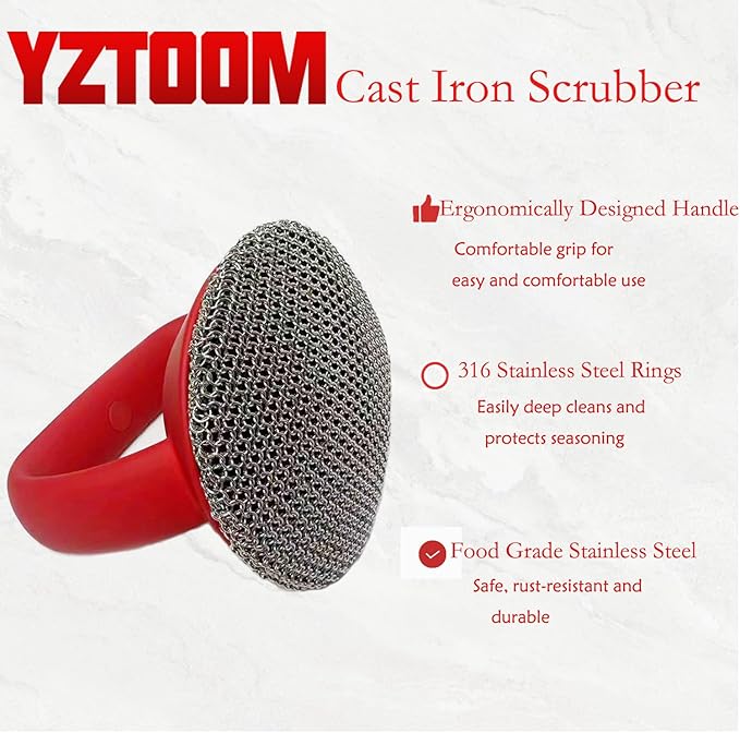 Cast Iron Scrubber, Iron Chainmail Scrubber Skillet Cleaner with Silicone Handle, Stainless Steel Chain Mail Scrubber for Cast Iron Skillets