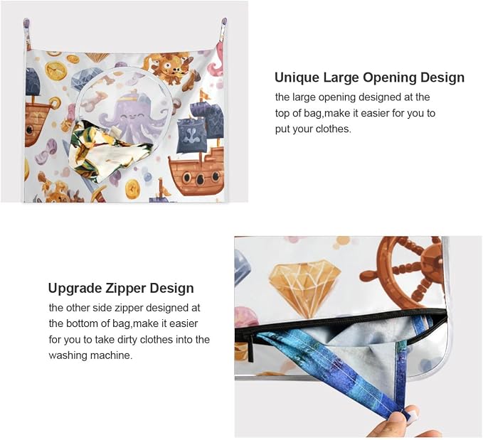 Cute Pirate Octopuses Sailboats Diamonds Hanging Laundry Hamper Door Hampers - Image 4