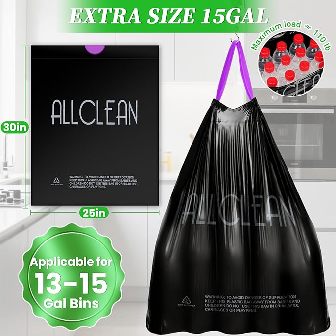 Trash Bags 15 Gallon Tall Kitchen Drawstring Garbage Bag Fit 13-15 Gal Bins | - Image 6