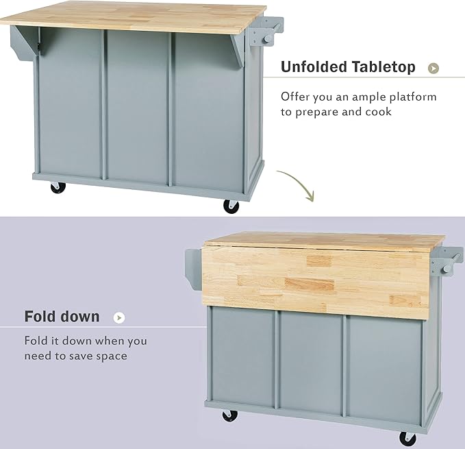 Rolling Mobile Kitchen Island Cart Breakfast Bar with Wood Top, Door Internal Storage Racks, 3 Drawers and 5 Wheels for Dining Room