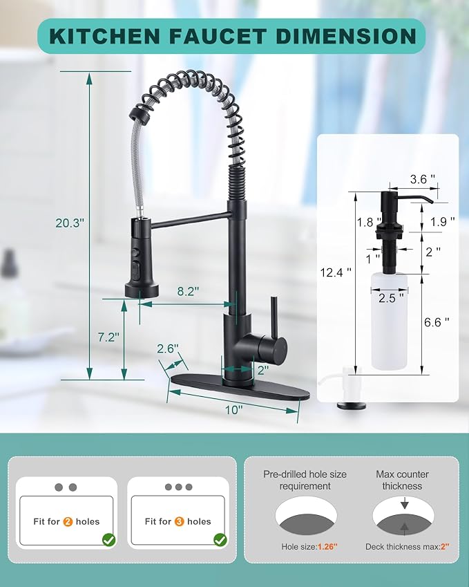 Black Kitchen Faucet with Soap Dispenser: 3-Function Kitchen Faucet with Pull - Image 7