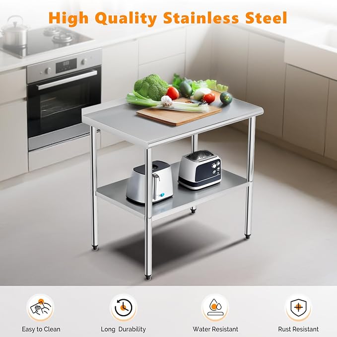 ROVSUN 36'' x 24'' Stainless Steel Table for Prep & Work,Commercial Worktables & Workstations, NSF Heavy Duty Metal Table with Adjustable UnderShelf & Backsplash for Kitchen, Restaurant,Home,Hotel