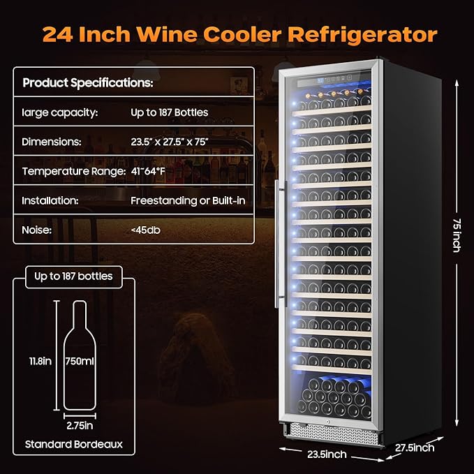 24 Inch Wine Fridge, 187-Bottle Large Capacity Wine Cooler Refrigerator, Freestanding or Built-in Tall Wine Cooler with Upgraded Compressor, Low Noise For Home
