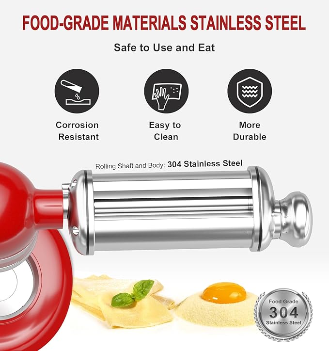 Pasta Roller for Kitchenaid Stand Mixer, Stainless Steel pasta roller attachment with 8 Adjustable Thickness Knob, Dough Pasta Roller pasta roller attachment for Raviolis Pasta