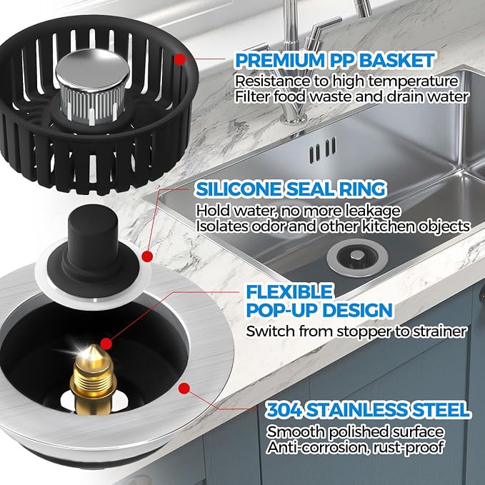 zaa 3 in 1 Kitchen Sink Drain Strainer Stopper Removable Basket Pop-Up - Image 5