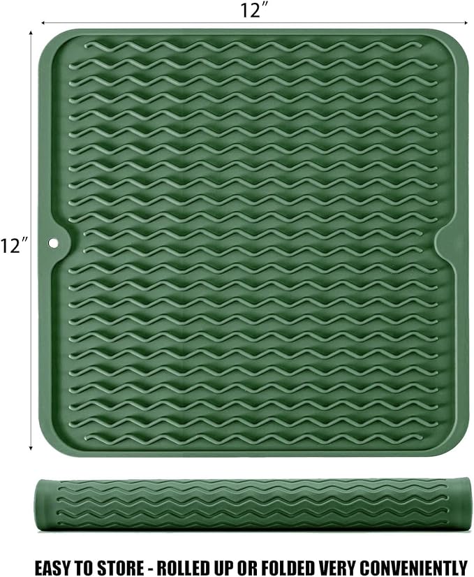 Silicone Dish Drying Mat, Non-Slip Easy Clean Sink Mat, Dark Green, Large - Image 2