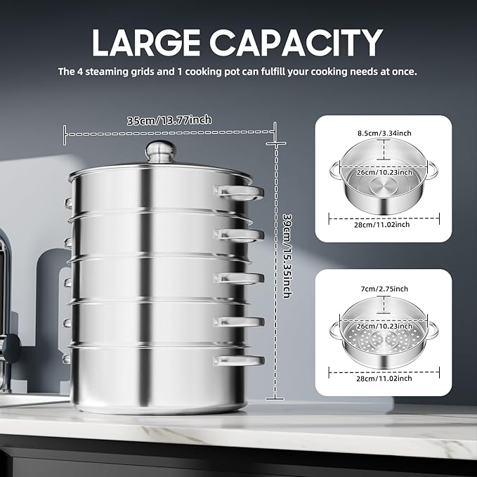 5 Tier Steamer Pot, 304 Stainless Steel Food Steamer with 4 Steaming Grids & 11.02in Bottom Cooking Pot, Stackable Steaming Pots Steam Cooker Cookware, Used for Cooking Dumplings, Steamed Buns