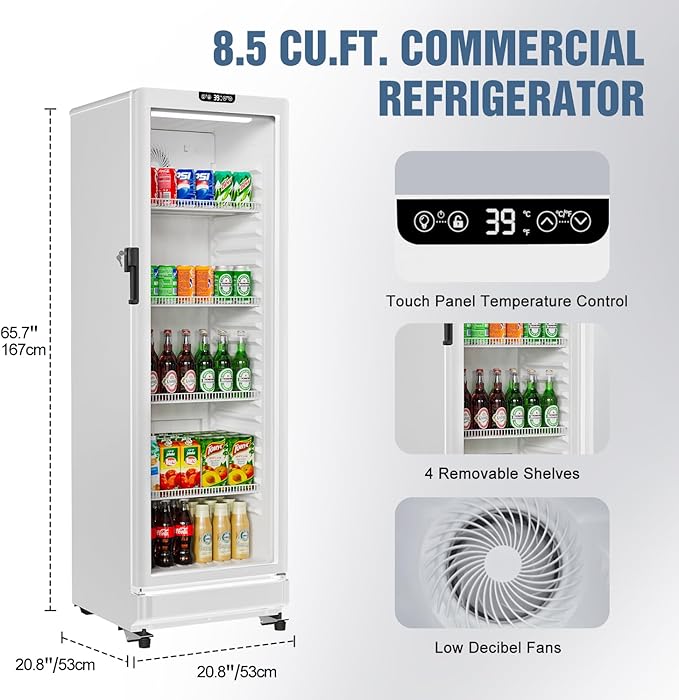BEYOU Beverage Refrigerator, 8.5 cu. Ft Commercial Refrigerator Merchandiser with single Glass Door, Display Fridge for Living Room, Bar, Garage（White）