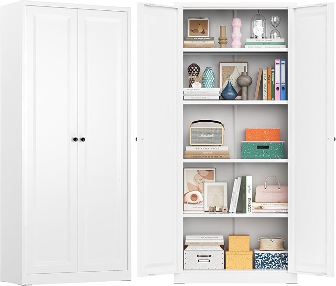 Greenvelly Metal Cabinet, 63" H White Metal Storage Cabinet with Doors and 4 Shelves, Pantry Storage Cabinet for Kitchen, Bedroom, Living Room, Office (Modern)