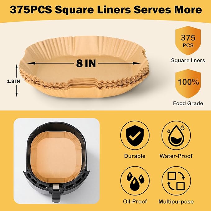 375Pcs Air Fryer Paper Liners, 8" Square Air Fryer Liners Disposable, Heavy-Duty Parchment Paper for 5-8 qt Airfryer, Non-Stick & Non-Leak Paper Liners for Oven Pan, Deep Fryer Parts & Accessories