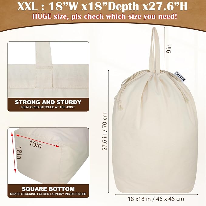 Canvas Laundry Bag with Handles & Square Base, XXL 18"Wx18"Dx27.6"H - Image 3