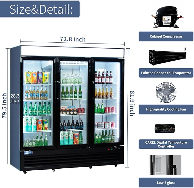 ICECASA 72" W Merchandiser Commercial Display Refrigerator Three Glass Door Reach-in 54 Cu.ft Display Refrigerator Fan Cooling for Restuarant, Bar, Shop, etc