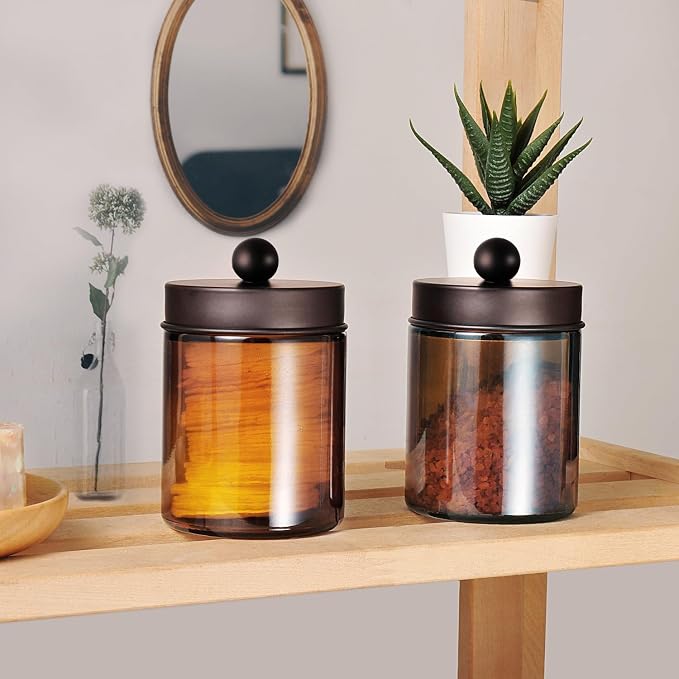 Amolliar Amber Glass Apothecary Jars Qtip Holder w/Metal Lids, Bronze 2pc - Image 5