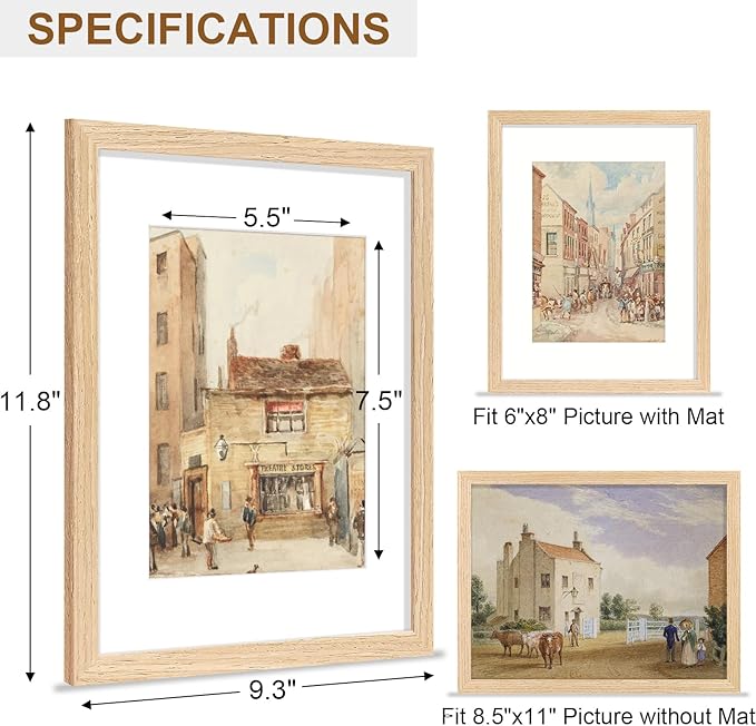 Vittanly 8.5x11 Picture Frame, Solid Wood Frame with Plexiglass, Includes 6x8 Mat, Wall Hanging or Tabletop for Photos, Home Decor, Natural, 1 Pack