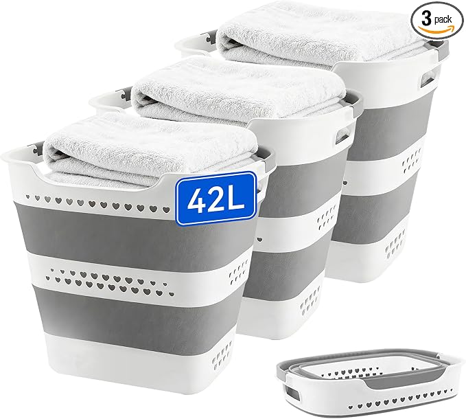 3 Pcs 42L Medium Collapsible Plastic Laundry Basket by Unknown