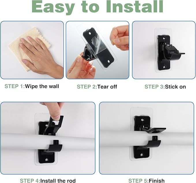 6 Pack Self Adhesive Rod Brackets, No Drill Needed Curtain Rod Holders - Image 8