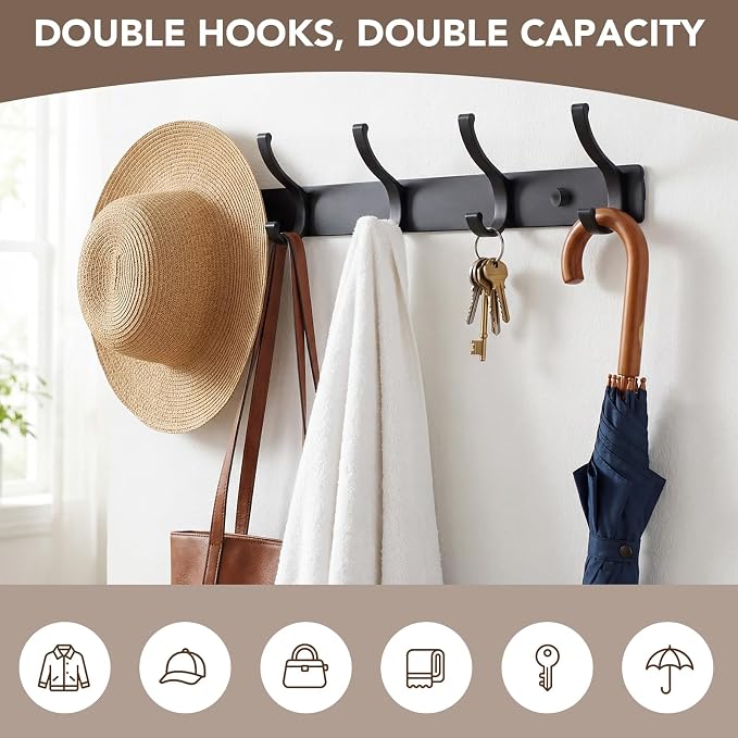 Wall Mount Coat Rack 2 Pack, Smooth Hook Edges, Screw Installation, Double - Image 4