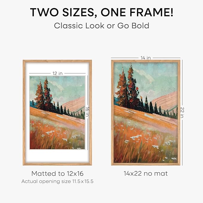 Homeforia 14x22 Picture Frame Wood, High End Natural Oak 14x22 Light Wooden Poster Frame with Mat 12x16, 14 x 22 Frames Matted to 12 x 16 Photo, 22x14 Hanging Frame, Tempered Glass, Wall Kit, Set of 2
