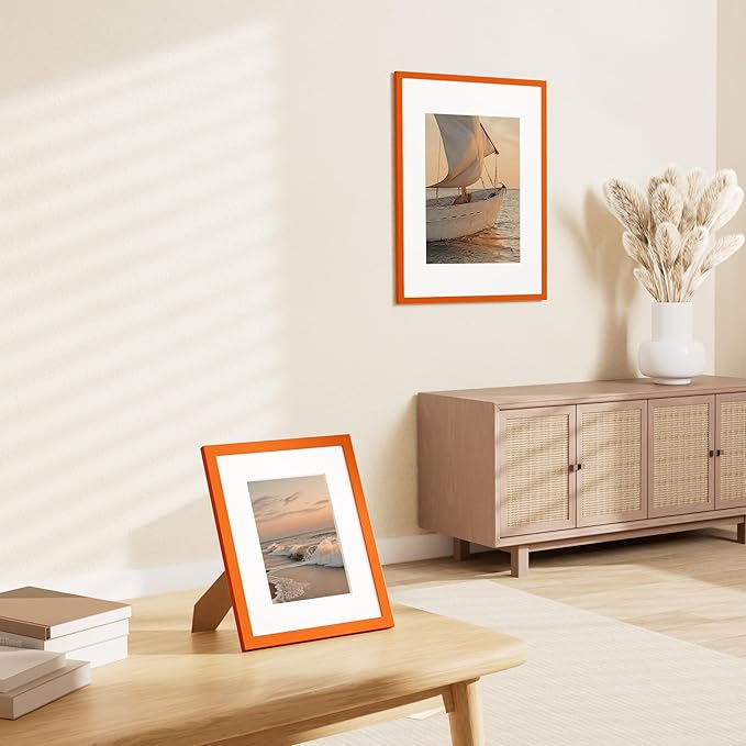 Vittanly 8x10 Picture Frame Set of 2, Solid Wood Frame for Wall or Tabletop, Display Photo 5x7 with Mat or 8x10 without Mat, Orange