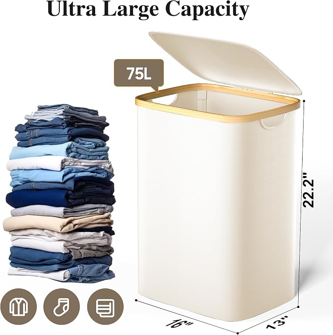Foluck Large Laundry Hamper, 75L Waterproof Laundry Basket - Image 2