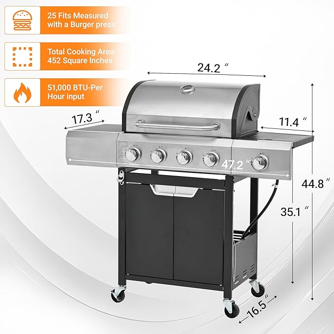 4-Burners Propane Gas Grill Outdoor with Side Burner & Thermometer, Stainless Steel Propane Grill with Cover for Outdoor BBQ, Patio Backyard Barbecue, 51000 BTU Output