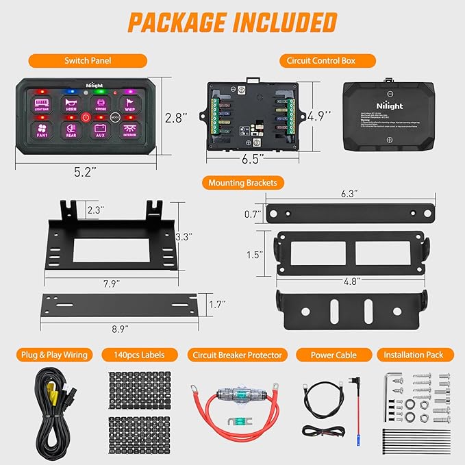 Nilight 8 Gang Switch Panel Circuit Control Relay System APP RGB Backlight Double Row Fuse Wiring Harness Toggle Momentary Strobe Flash Modes Automatic Dimmable 12V 24V for Car Truck Camper SUV