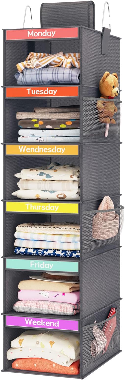 Weekly Kids Clothes Organizer 6-Shelf Hanging Closet Storage Dark Grey | by Fixwal