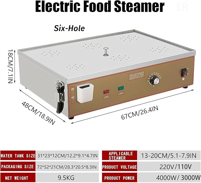 4000W 6-Hole Commercial Electric Food Steamer, Independent Water Supply & Dry Burn Alarm, 30-110°C Adjustable Temp for Dim Sum, Kitchen & Restaurant Cooking(No Steamer Included)