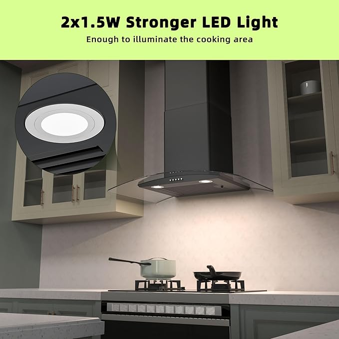 FIREGAS Wall Mount Range Hood 30 inch with 3 Speed Fan,black range hood with tempered glass,400CFM,Push Button Controls, LED Lighting, Permanent Filters in Stainless Steel,includes 2 Charcoal Filters
