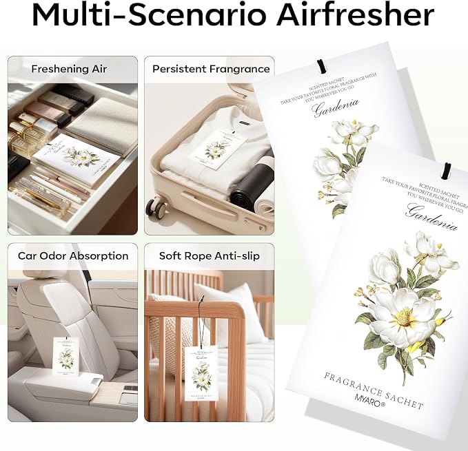 MYARO 12 Pack Gardenias Scented Sachets, Closet Deodorizer Car Freshener - Image 3
