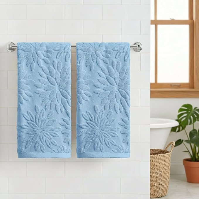 Artoid Mode 2 Pcs Light Blue 3D Dahlia Floral Jacquard Hand Towels - Image 2