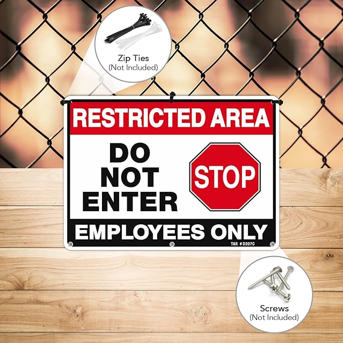 T&R Restricted Area Do Not Enter, Employees Only Sign - 4 Pack - 10 x 7 Inches Rust Free .040 Aluminum - UV Protected, Waterproof, Weatherproof and Fade Resistant - 4 Pre-drilled Holes