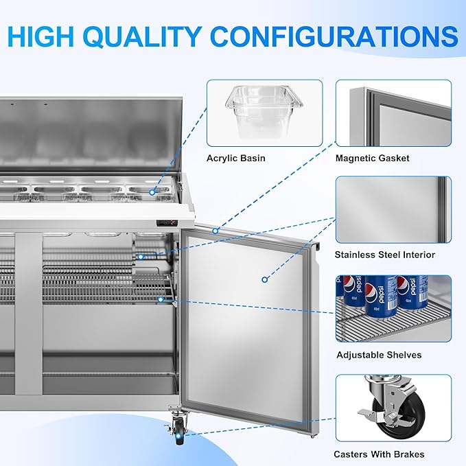 48" W Commercial Refrigerator Sandwich Salad Prep Table, 13.8 Cu.ft 2 Door Commercial Stainless Steel Mega Top Food Prep Fridge with 18 Pans, Salad Prep Station for Restaurant, Bar, Shop