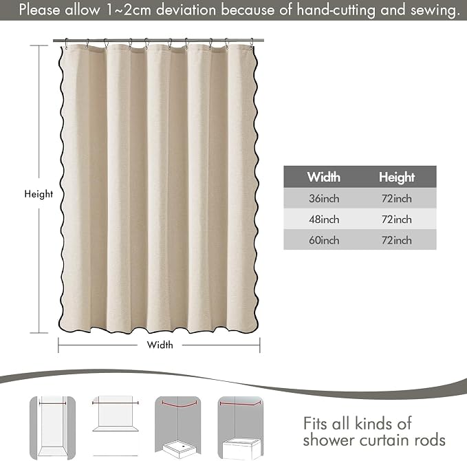 MIULEE Cream Scalloped Linen Shower Curtain 60x72 Inches - Image 5