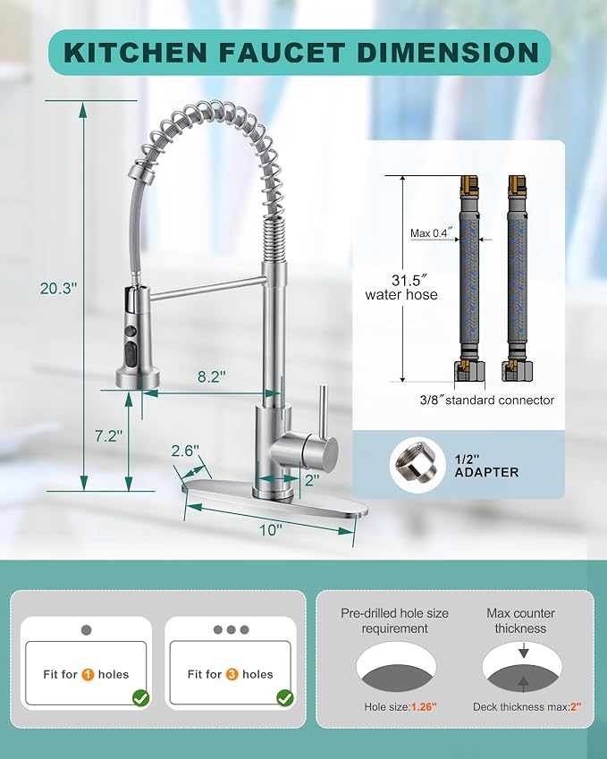 Kitchen Faucets with Pull Down Sprayer: Brushed Nickel 3-Function Kitchen Sink - Image 7