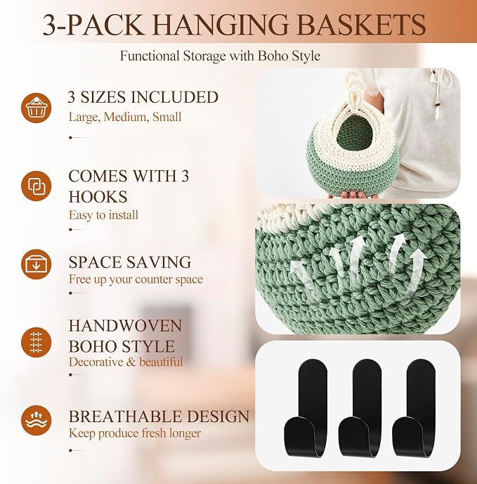 Honeydak 3 Hanging Baskets, Cotton Rope - Image 3