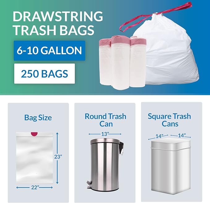 6-10 Gallon Trash Bags Drawstring | 250 Count | 22"x23" | 6, 10 Gallon - Image 5