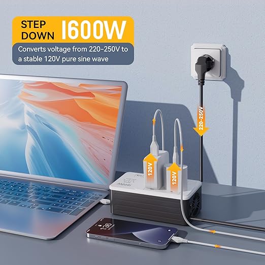 1600W 220V to 110V Voltage Converter, Universal Power Plug Adapter Voltage Converter US to Europe International Travel, Power Any American Appliances in 220-250V, Plug & Play, No Limitations