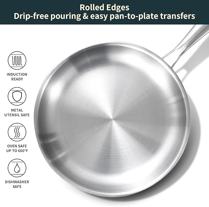 DELARLO Triply Stainless Steel Pan 8 Inch Frying pan, Induction Skillet Compatible Up to 600℉, Fast and Even Heat, Oven Broiler Safe, Small Skillet, Omelette, Small Pan for Eggs, Steak, Bacon