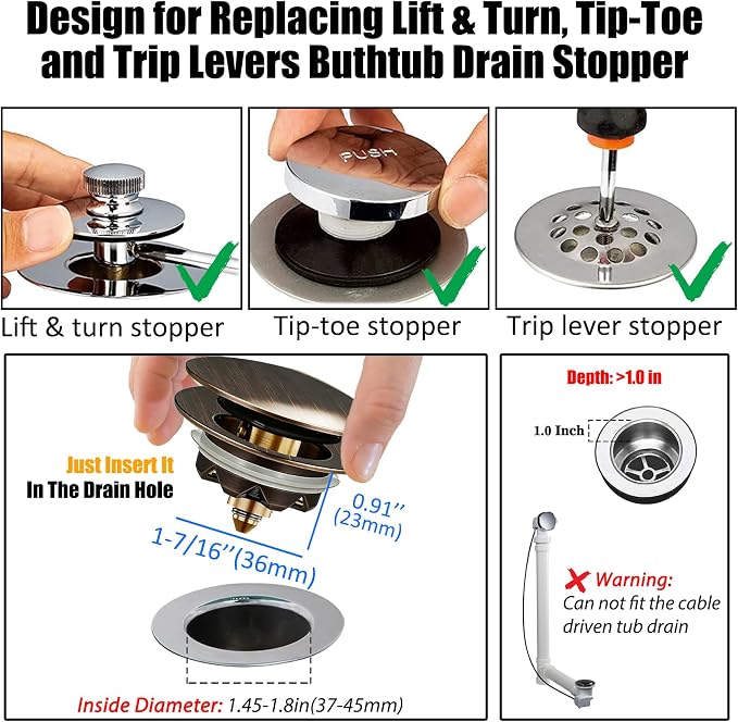 Anlige Bathtub Drain Stopper, Pop Up Tub Stopper and Cover, Bottom - Image 2