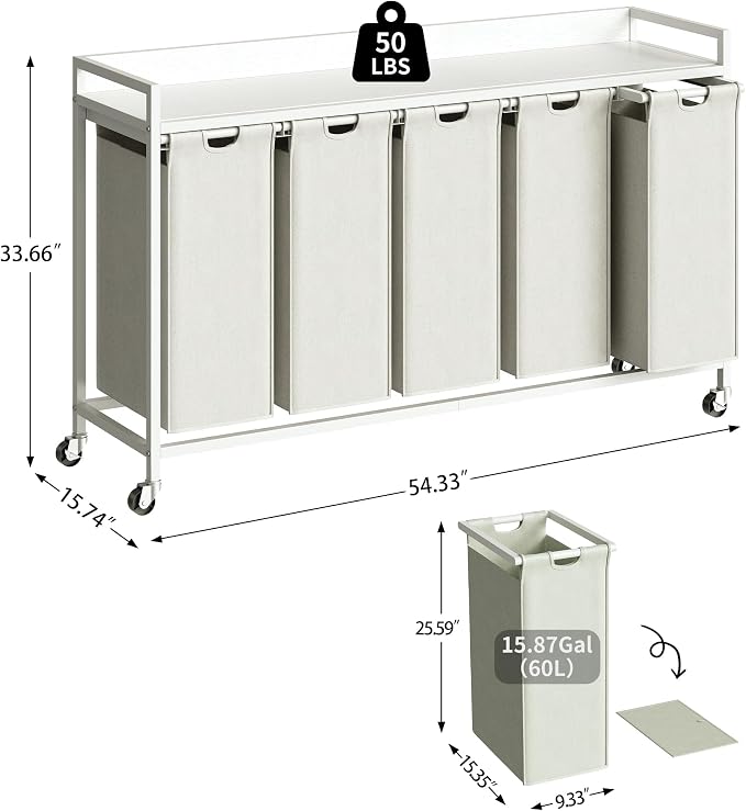 Herture Laundry Hamper with Shelf, Laundry Basket 5 Section, Laundry Sorter - Image 2