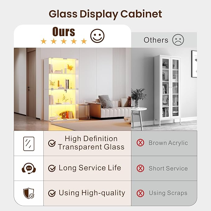 Lvifur Display Cabinet with Glass Doors,66' Curio Cabinet with Adjustable Shelf and Lockable,4-Tier Bookcase with 3 Color Lights for Collectibles,Storage Cabinets with Human Body for Books,Toys,White